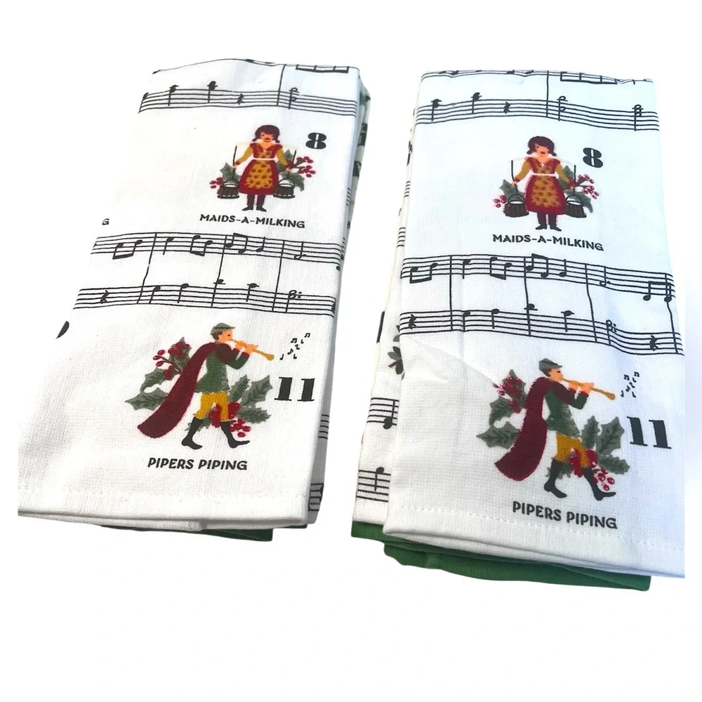 Two Sets of Christmas Themed Kitchen Towels Featuring 12 Days of Xmas.  New